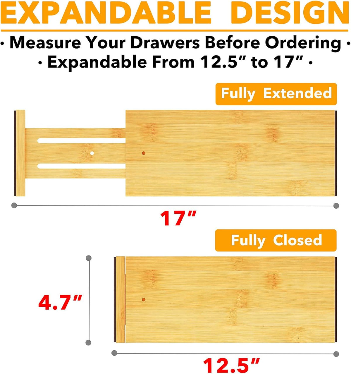 SpaceAid Bamboo 4 Pack Dresser Drawer Dividers, 4.65“ High Adjustable 12.5“-17” Drawer Organizers, Expandable Organization for Clothing, Clothes, Dressers, Natural