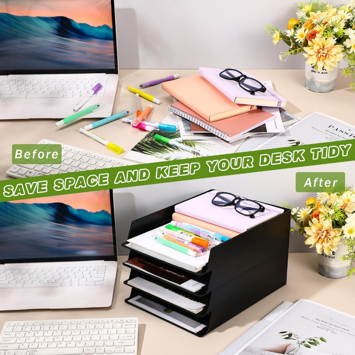 Wenqik 20 Pcs Stackable Paper Letter Trays Plastic Desk Organizer, Black
