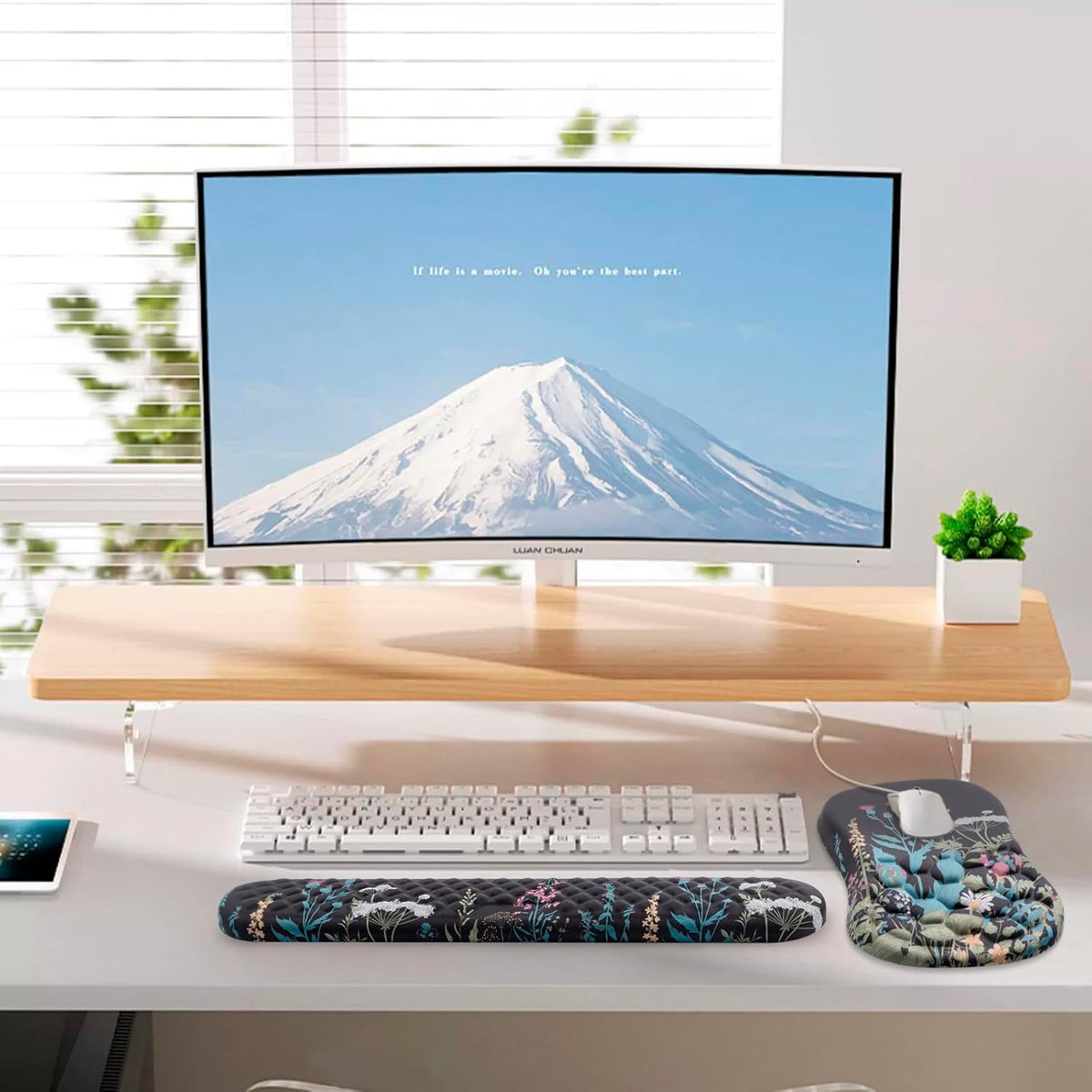 Mouse Pad Wrist Support, Laokiiy 2 in1 Keyboard Wrist Rest+ Ergonomic Mouse Pad, Non-Slip Wrist Rest for Computer Keyboard, Made Easy Typing & Relieve Wrist Pain(Flower)