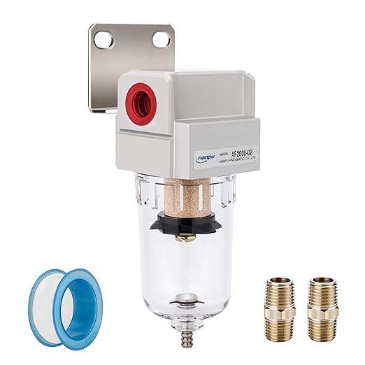 NANPU 1/4" NPT Compressed Air Line Filter, 5 Micron Brass Element, Poly Bowl