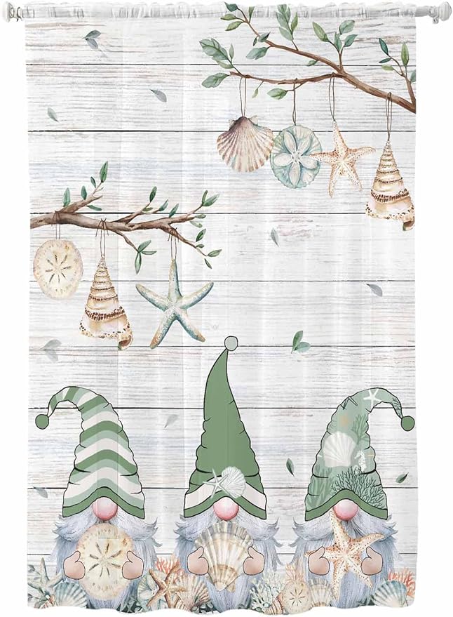 Sheer Curtains 63 Inch Length, Sage Green Gnomes Semi Sheer Curtains Light