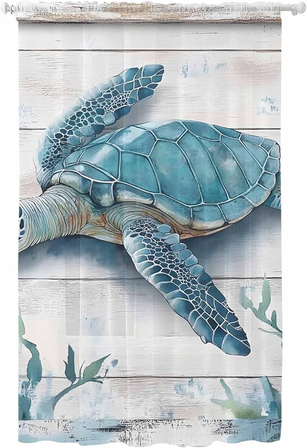 Sheer Curtains 84 Inches Long, Teal Green Sea Turtle Semi Sheer Curtains Light