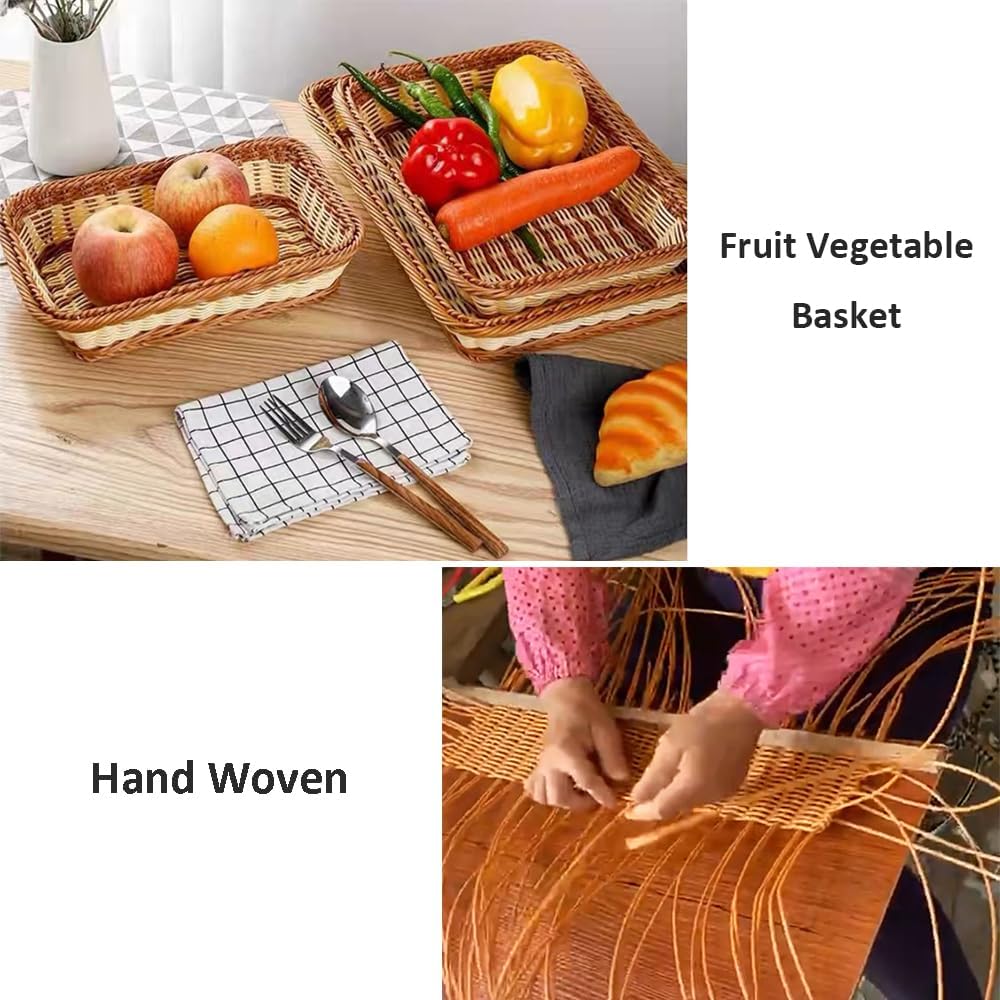 RT&BS 2pcs Wicker Bread Basket for Serving, Wicker Fruit Basket, Display Baskets for Vegetable Fruit, Reusable Handwoven Serving Baskets for Kitchen, Store, Restaurant, Outdoor (Bicolor, M)