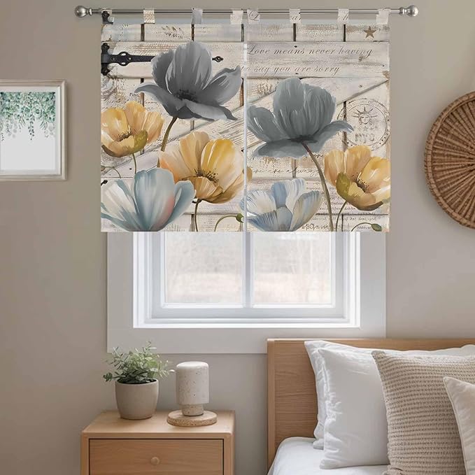 Spring Tulips Flower Kitchen Curtains 45 Inch Length, Short Cafe Window