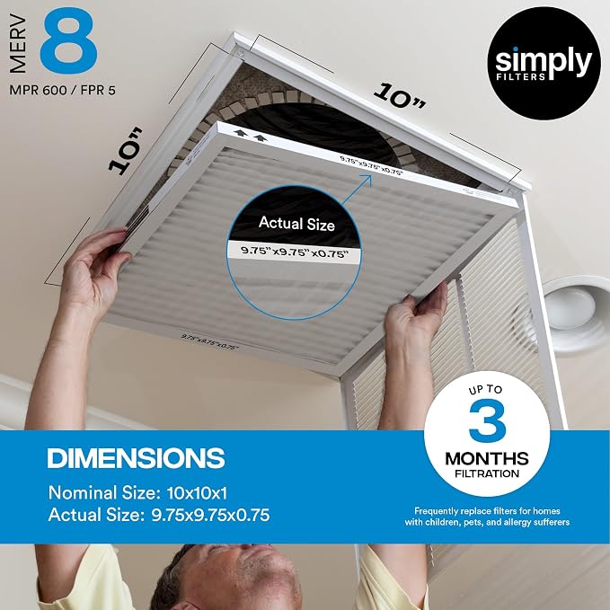 Simply 10x10x1 Air Filter, Merv 8, MPR 600, 12 Pack, Furnace Air Filter