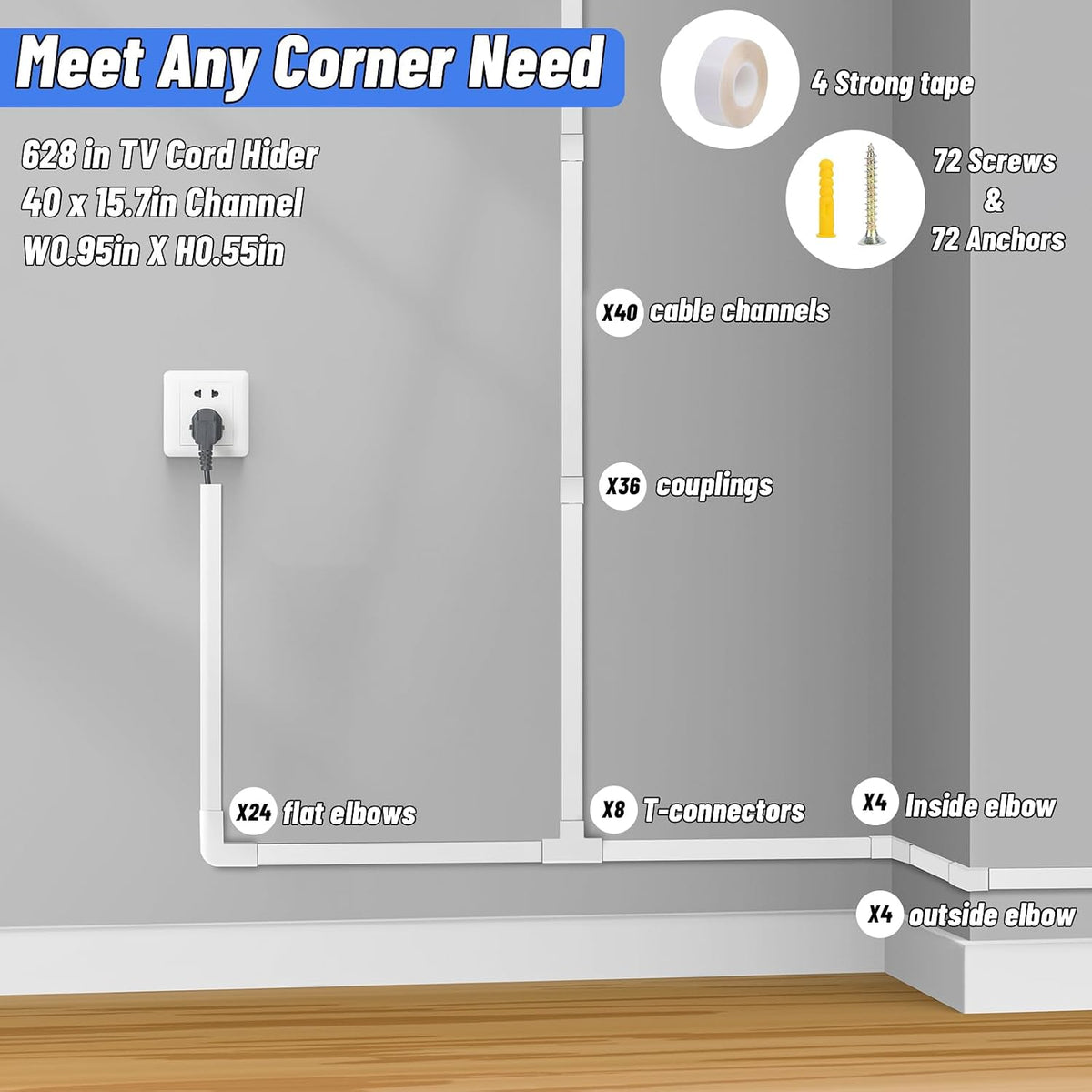 Cable Raceway Kit 628 Inch Cord Cover Channel Paintable Wire Hider
