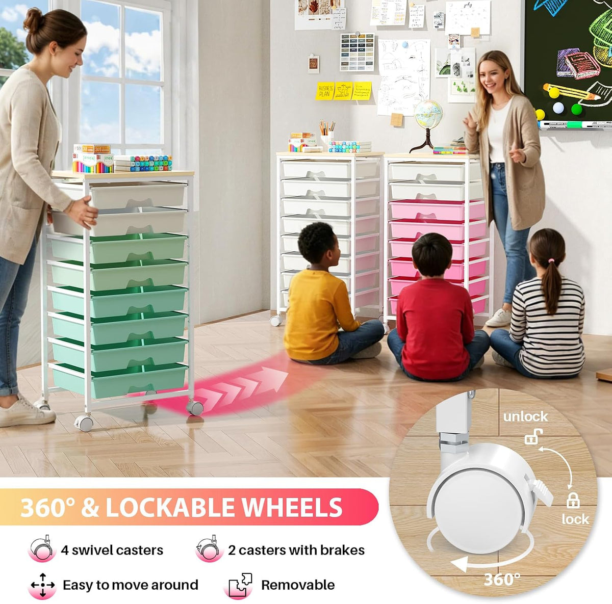 Goovilla Rolling Cart with 8 Drawers for Art, Dorm, Office, Craft, Pink