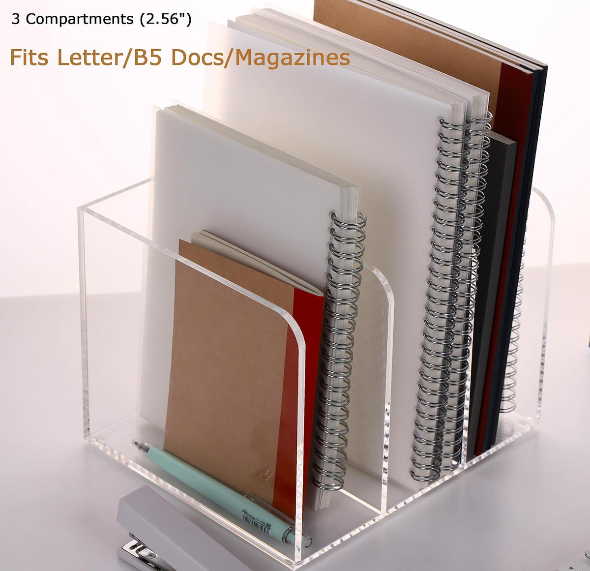 Acrylic Desk File Organizer, 3-Section Vertical File Folder Rack,Clear
