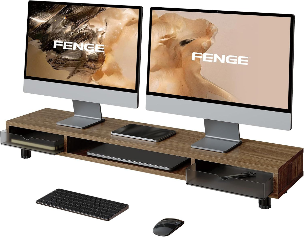Fenge Dual Monitor Riser with 2 Drawers, 42.5in Long Desk Shelf, Brown