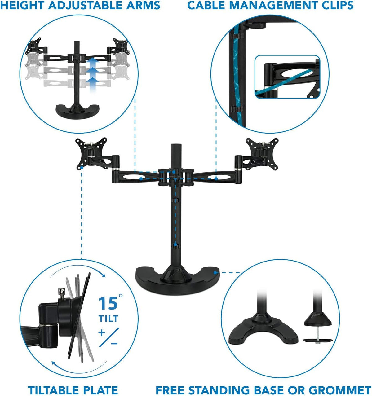 Mount-It! Dual Monitor Stand for Desk, Adjustable Monitor Stand for 2 Screens up to 27", 22 lbs Each, VESA 75x75 100x100, Full Motion Arms, Free Standing Base or Grommet Mount, MI-792