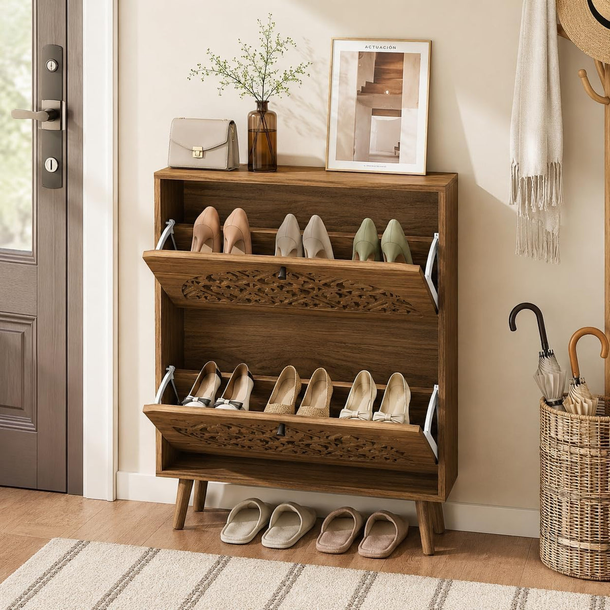 vistavie 6.7" Walnut Ultra-Slim Shoe Cabinet with 2 Flip Drawers,Heart-Shaped Hollow-Carved Entryway Shoe Storage Organizer, Mid-Century Modern Free-Standing Shoe Rack with Solid Wood Legs
