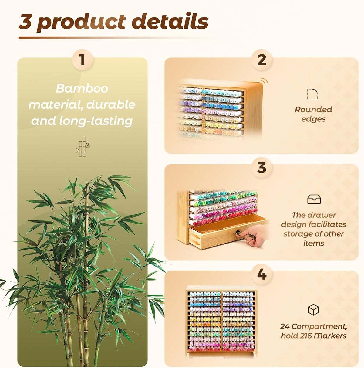 Marker Organizer, 24 Slots Wooden Storage for Up to 216 Markers with Drawer