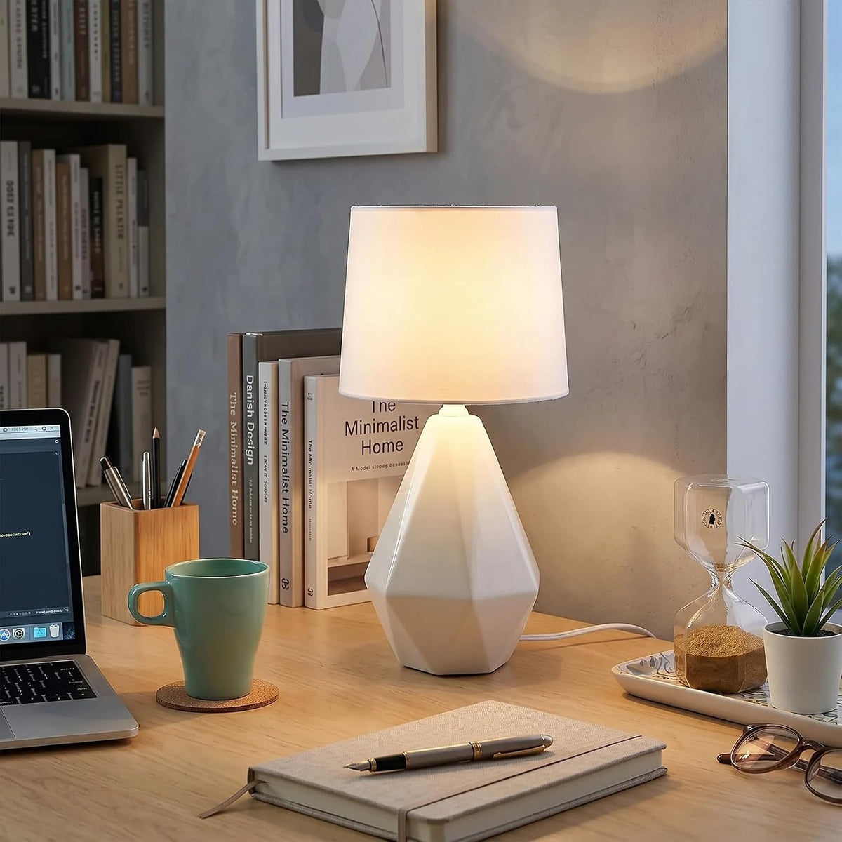 SOTTAE 15" Modern Small Ceramic Table Lamp, White Irregular Geometric Bedside Table lamp for Bedroom,Nightstand Lamps with White Fabric Shade, Small Lamp for Kitchen Living Room