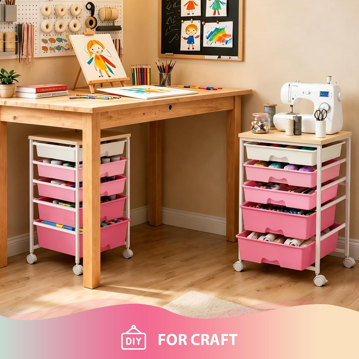 Goovilla Rolling Cart with 5 Drawers for Craft, Art, Dorm, Office, Pink