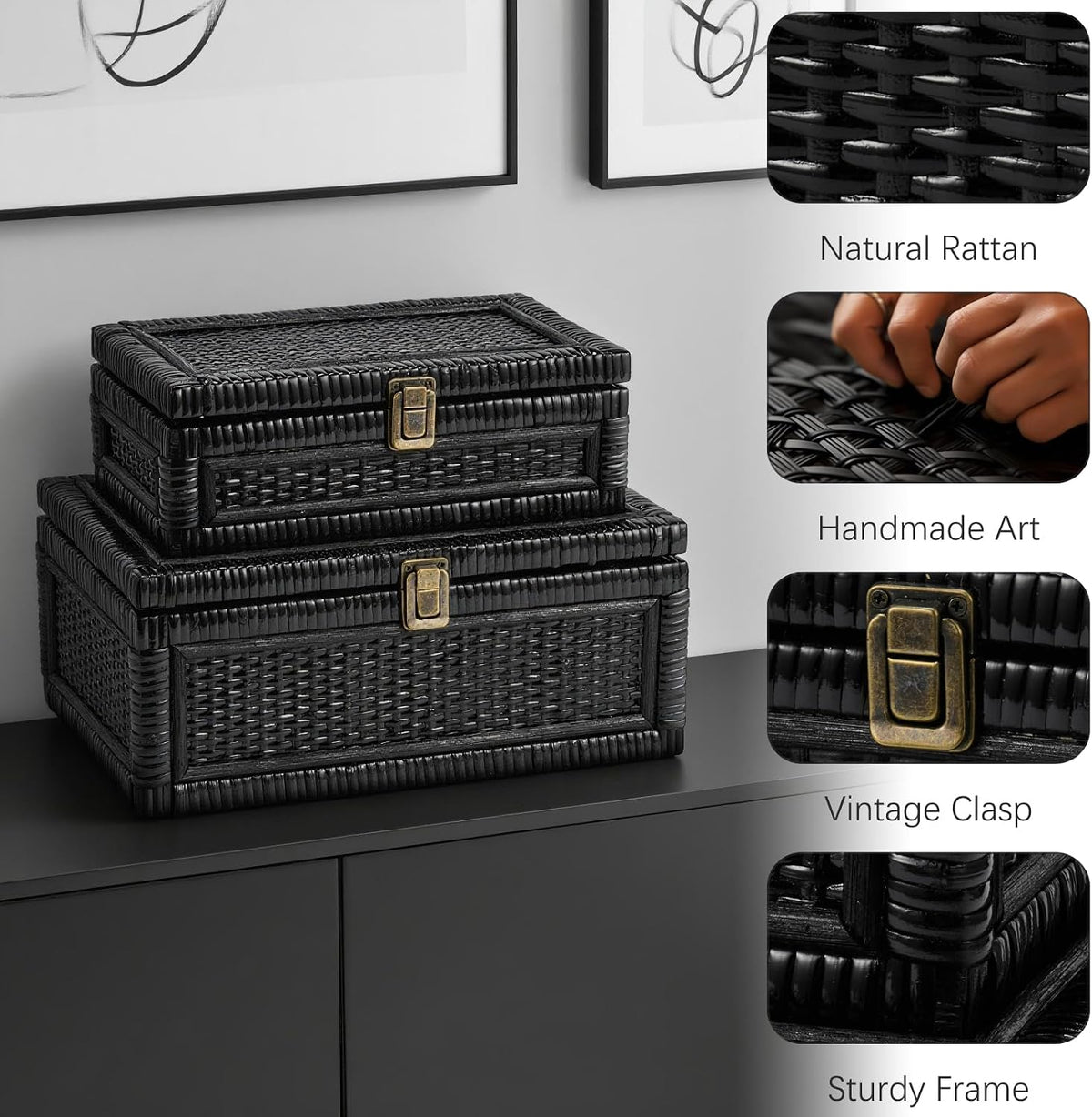 2PCS Rattan Box with Lid Decorative Natural Handmade Boho Basket