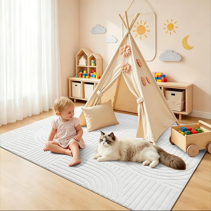 Pauwer 4x6 Washable Area Rugs for Living Room Modern White Solid Color Soft