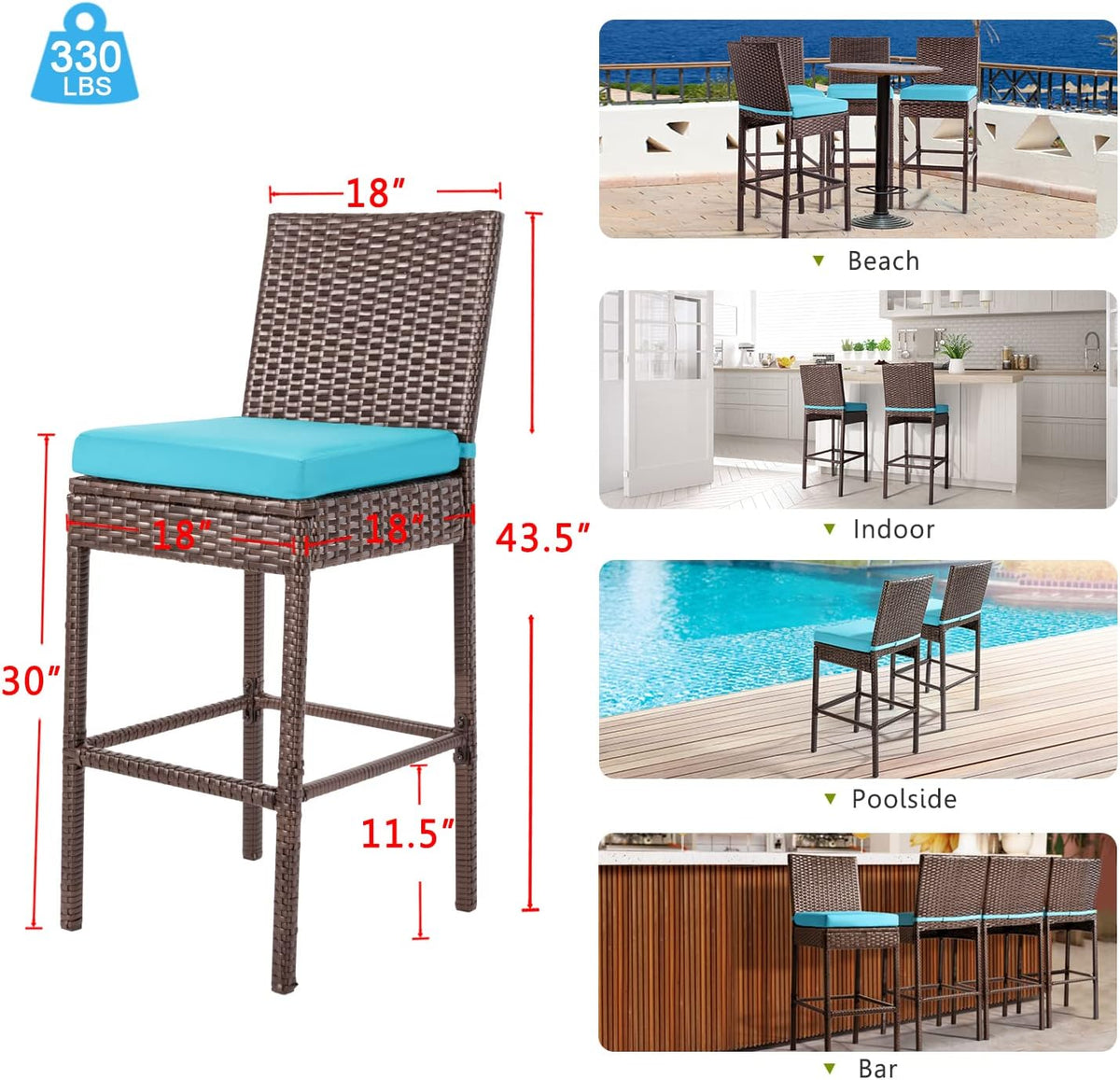 Outdoor Patio Stools & Bar Chairs Set of 2 Wicker Woven Outdoor Bar Stools Bar Height Chairs High Back with Footrest Armless Cushion Blue All Weather Patio Seating for Garden Pool Lawn Backyard