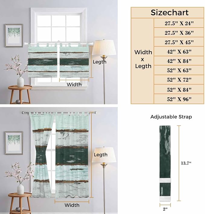 Blue Teal Bathroom Curtains 63 Inch Length, Window Curtains Tab Top, Vintage