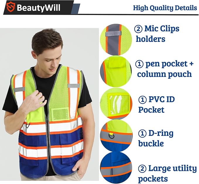 Custom Safety Vest Customized Logo Mesh Vest Class 2 High Visibility Reflective Vest with Pockets Blue workwear（Yellow Blue，XXL）
