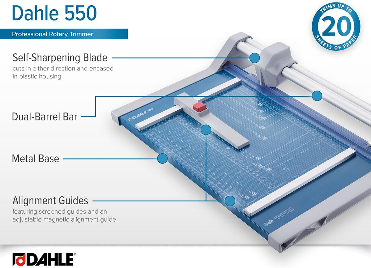 Dahle 550 Professional Rotary Trimmer, 14" Cut Length, 20 Sheet Capacity, Self-Sharpening, Dual Guide Bar, Automatic Clamp, German Engineered Paper Cutter