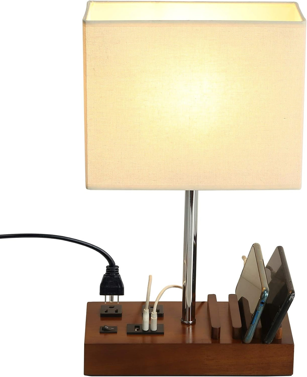 Briever USB Table Lamp, Multi-Functional Desk Lamp with 2 AC Outlets, Bedside Lamp with 3 USB Charging Ports and Wooden Phone Stands, Nightstand Lamp for Bedroom, Livingroom, Office, Walnut Wood