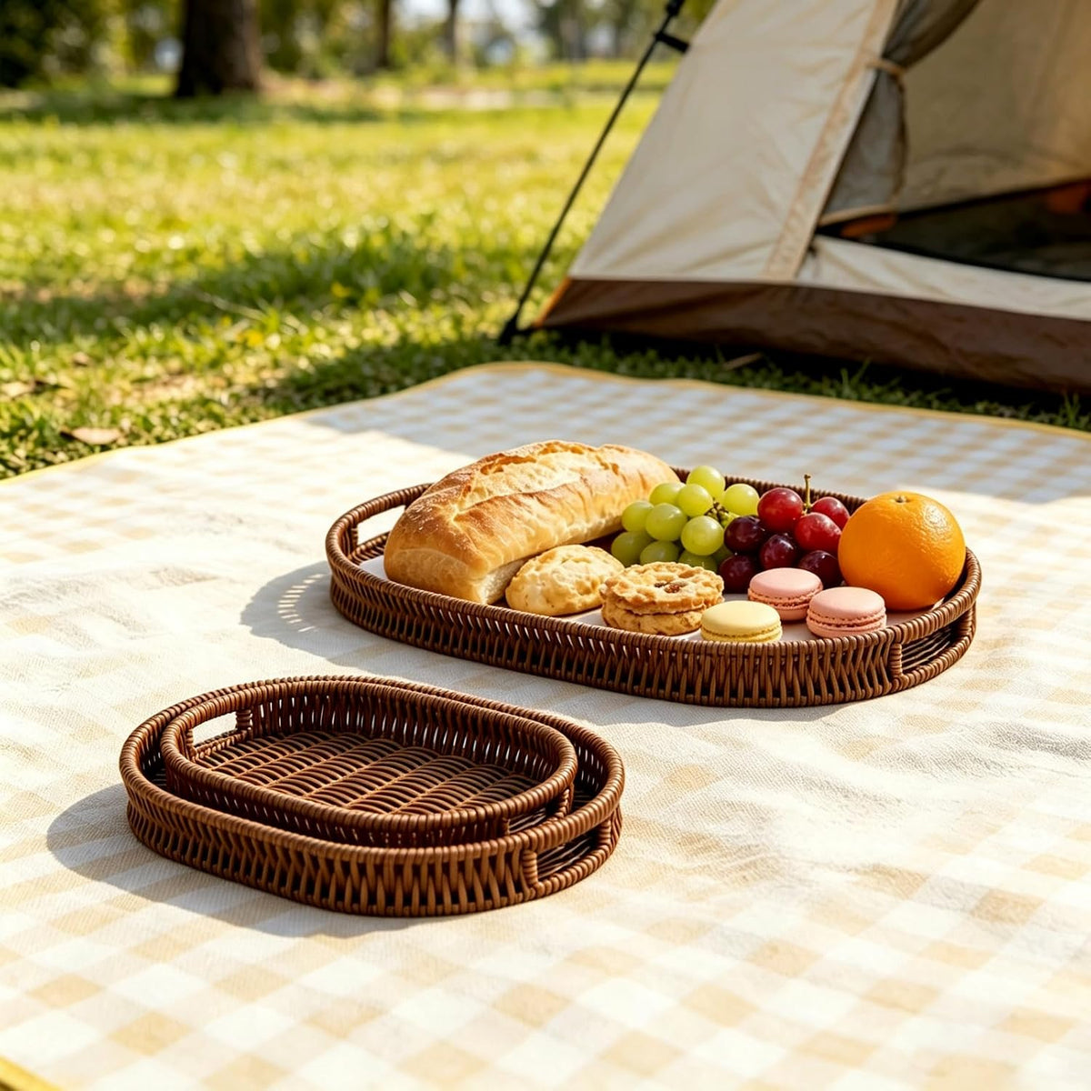 Set of 3 Serving Tray for Foods & Drinks, Faux Rattan Trays with Handles, Wicker Tray Handwoven Organizer Baskets Storage Decorative Coffee Table Brown