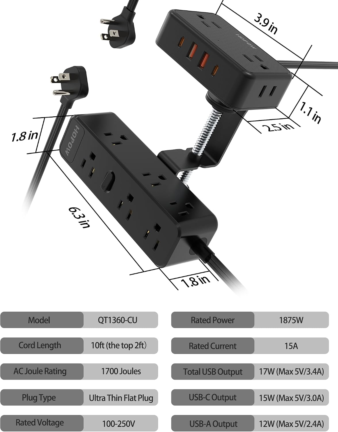 HOPOW Dual Layer Desk Clamp Power Strip, 13 Outlets 4 USB, 10FT Cord, Black