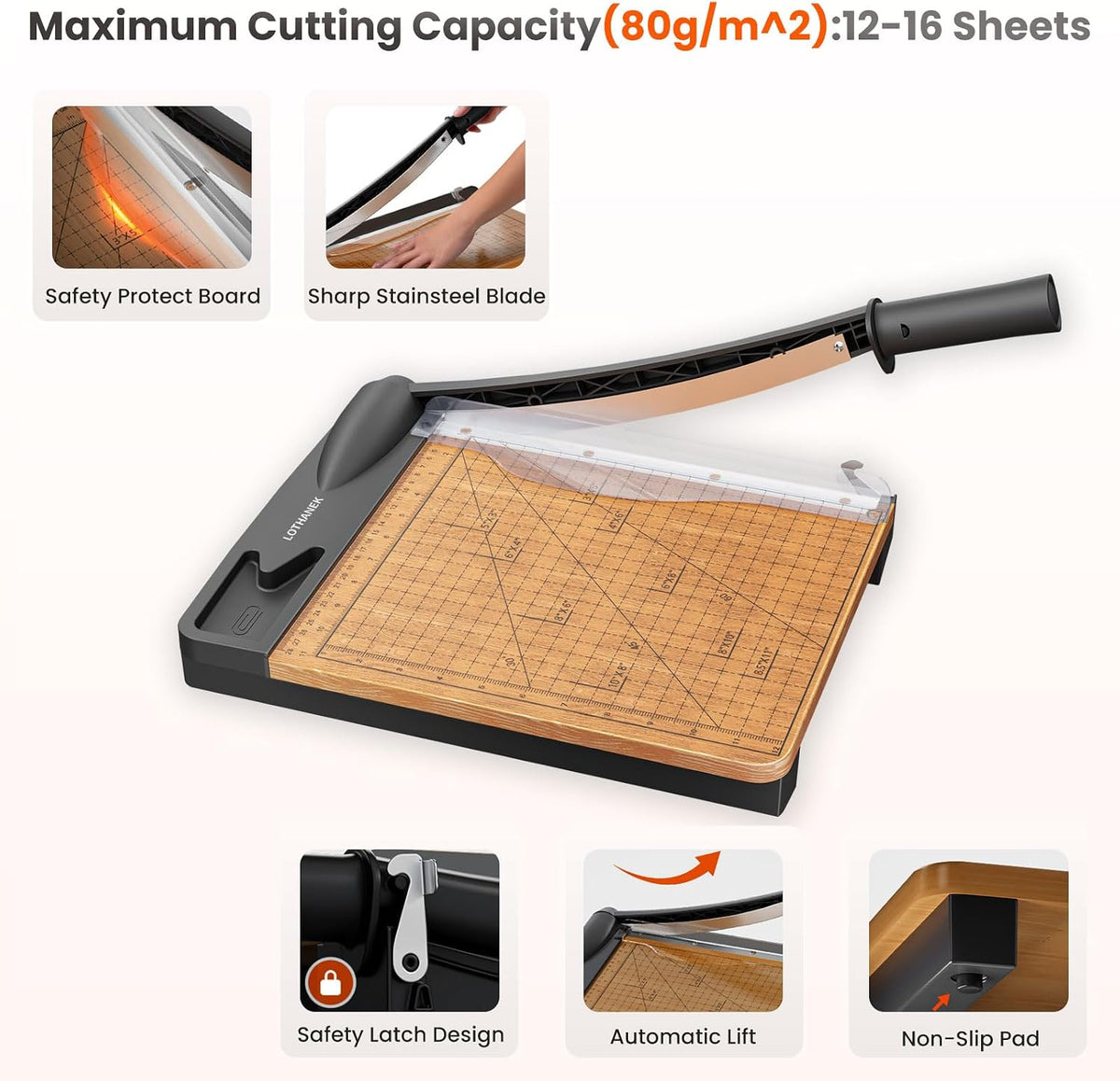 12 inch Wood Guillotine Paper Cutter, Heavy Duty Wood Base Paper Trimmer with 12-16 Sheets Capacity Paper Cutting Board for Classroom, Crafting, Cardstock, Art Projects (Gray)
