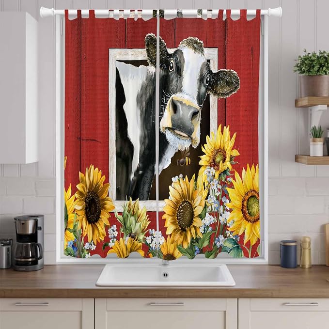 Cows Sunflowers Living Room Curtains 84 Inch Length, Window Curtains Tab Top