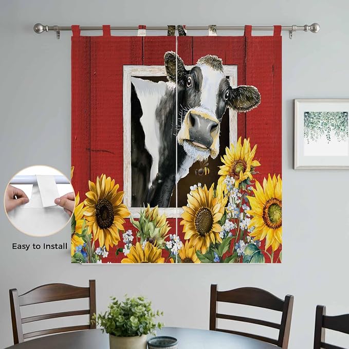 Cows Sunflowers Bathroom Curtains 63 Inch Length, Window Curtains Tab Top