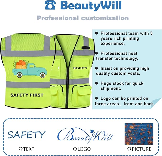 BeautyWill Custom Logo 10 Pack Safety Vest Mesh High Visibility Reflective Vest Customized Logo Utility Zipped Pockets Construction Workwear （Yellow,3XL）