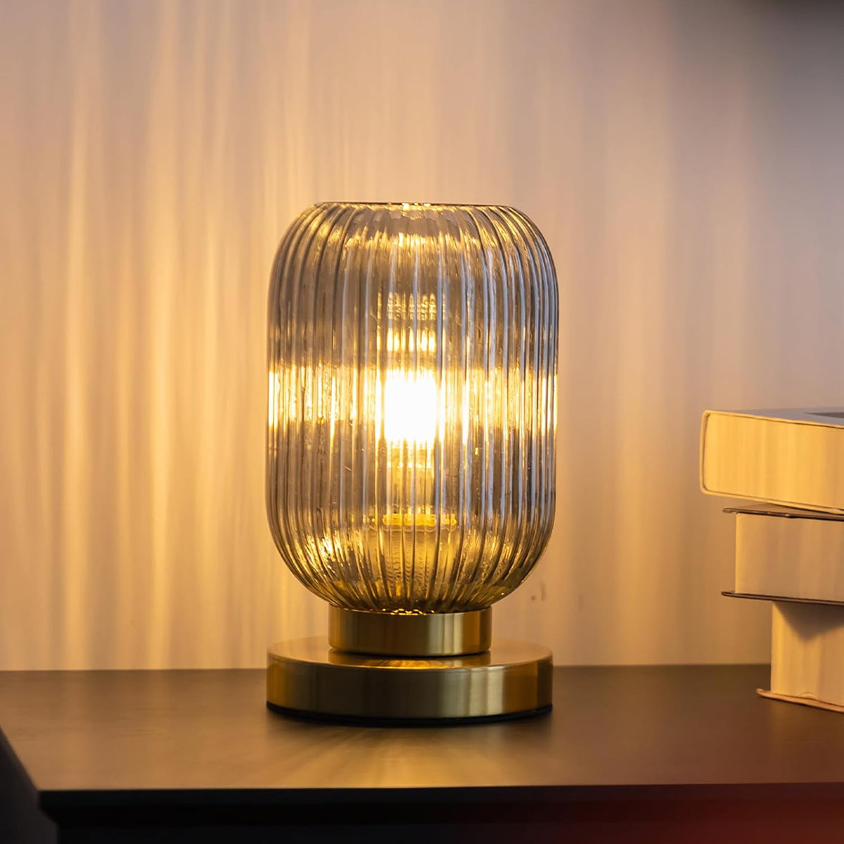 Modern Bedside Table Lamp, Smoky Gray Glass Table Lamp, Plug in