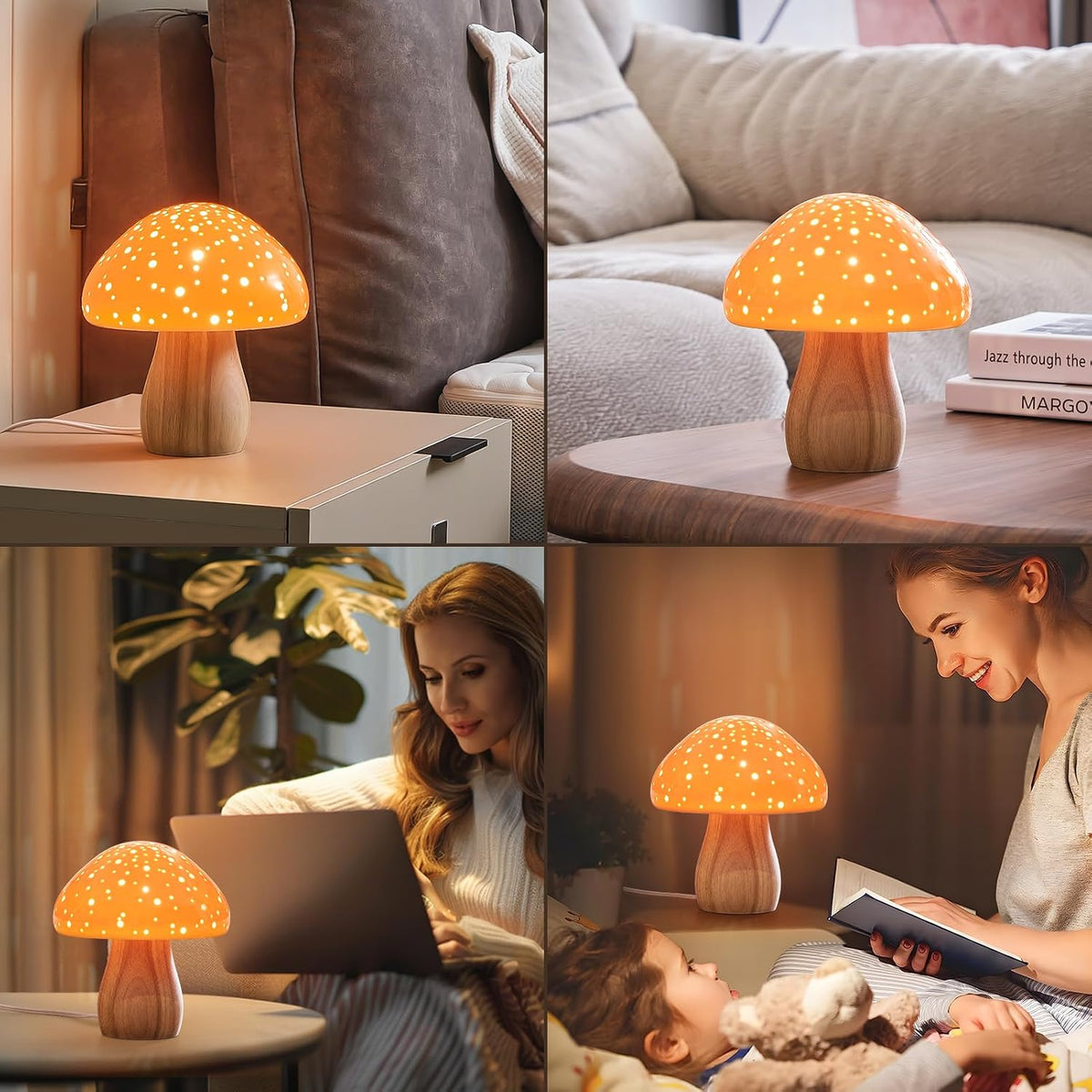 BOHON Mushroom Lamp Ceramic Bedside Table Lamp for Bedroom Orange
