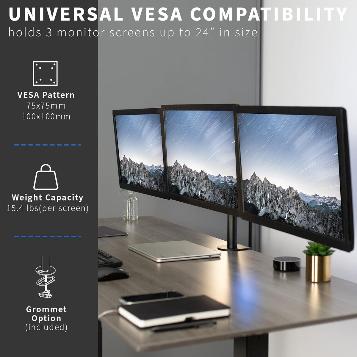 VIVO Triple Monitor Adjustable Desk Mount, Articulating Tri Stand, Holds 3 Screens up to 24 inches, Black, STAND-V003Y