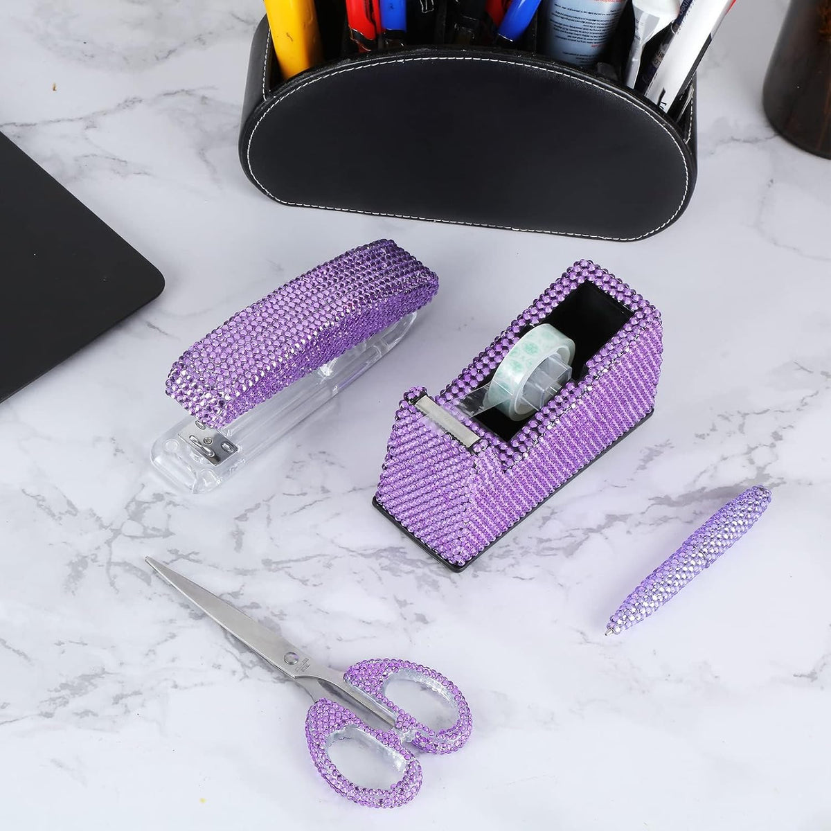 Office Stationery Set,Desk Accessory Kit, Home Office Necessary- Stapler & Desktop Tape Dispenser & Ballpoint Pens & Scissor 4 Piece Office Desk Accessories Kits (Purple)