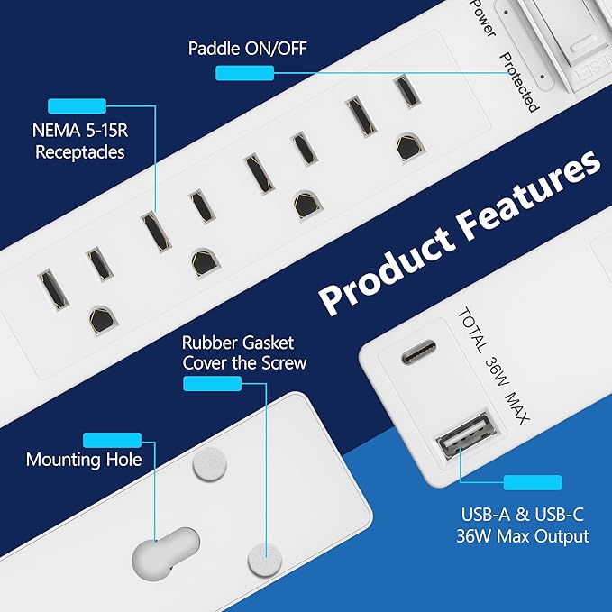 LIDER PD 36W Surge Protected Outlet Extender with 4-Outlet Power Strip, 1 USB Type-A, and 1 Type-C Port, 5ft, Up to 1500J, LED Indicator, ON/Off Switch, Flat-Plug, 45-Degree Angle, UL-Listed, White