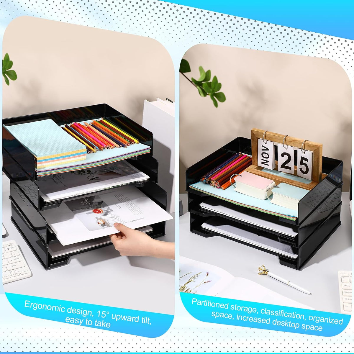 DoubleFill 4 Pcs Stackable Letter Tray Plastic Paper Tray, Black
