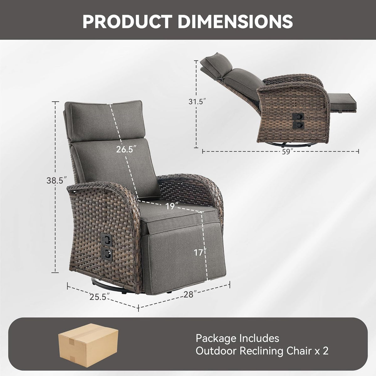 Zero Gravity Patio Swivel Recliner Chairs Set of 2 - Wicker Outdoor Lounge Chair with Adjustable Backrest & Footrest, All Weather Reclining Chairs with Thick Cushion for Garden Pool Deck(Grey)