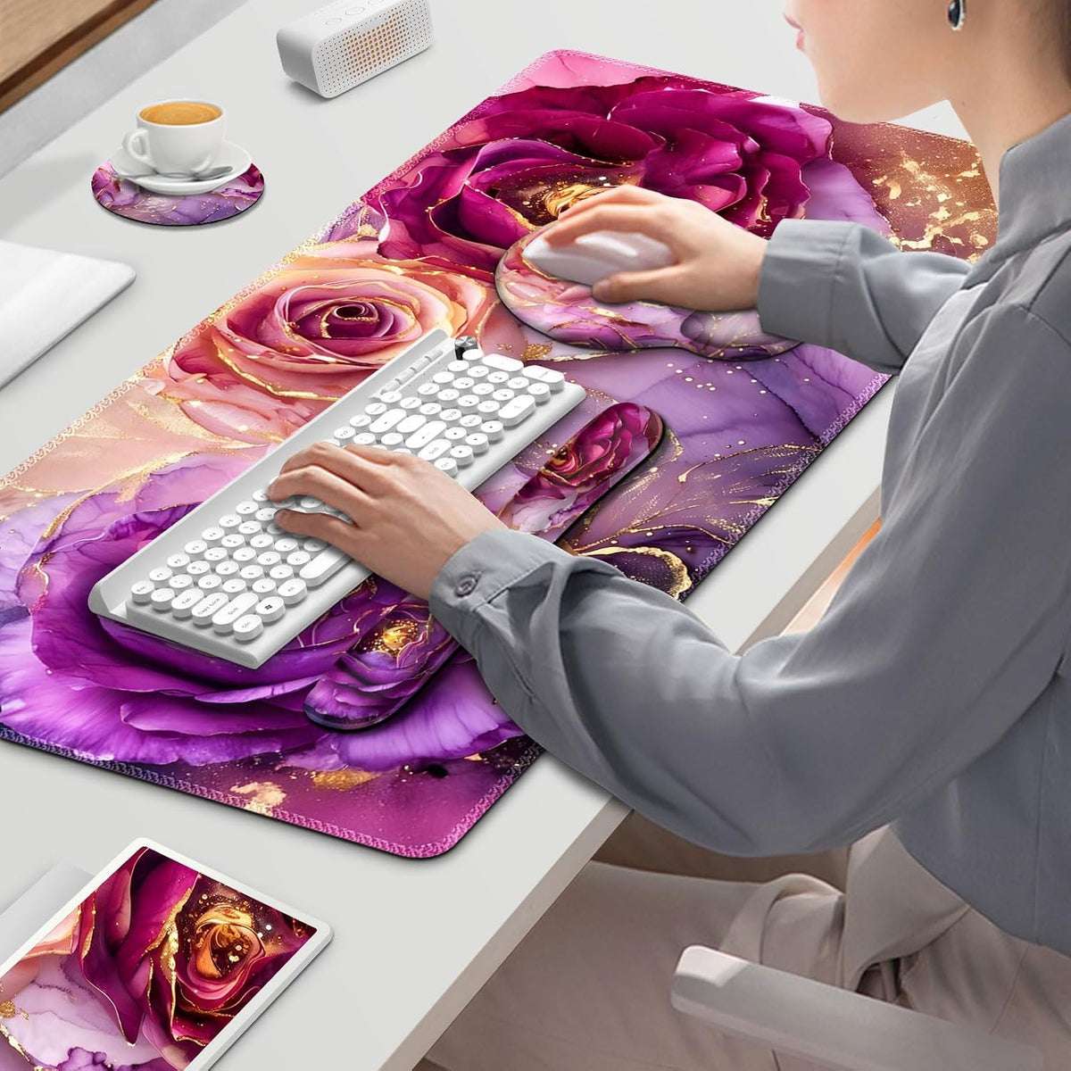 Gaming Mouse Pad Large Desk Mat, Cute Purple Marble Rose Desk Pad Protector