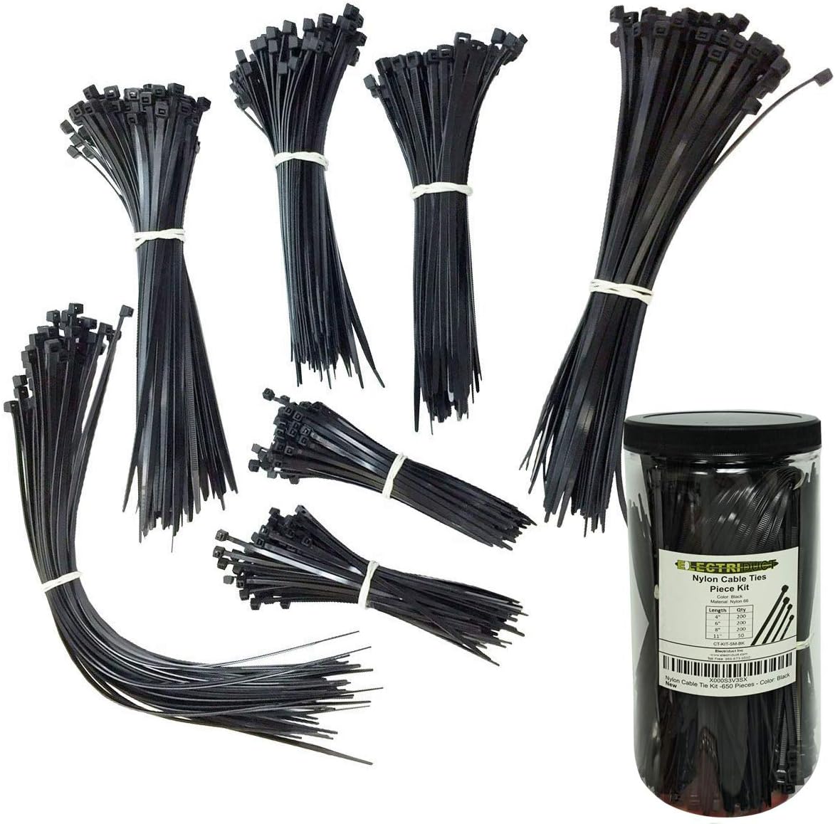 Electriduct Nylon Cable Tie Kit - 1950 Zip Ties - Assorted Lengths 4", 6", 8", 11" - Black