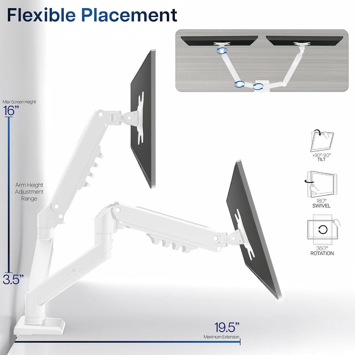 VIVO Aluminum Articulating Dual Monitor Arm for 13 to 30 inch Screens, Desk Mount Tension Spring Monitor Stand for 2 Screens, White, STAND-V102OW
