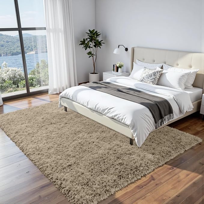 8x10 Area Rugs for Living Room Rug: Soft Fluffy Shag Gray Camel Rugs for Bedroom