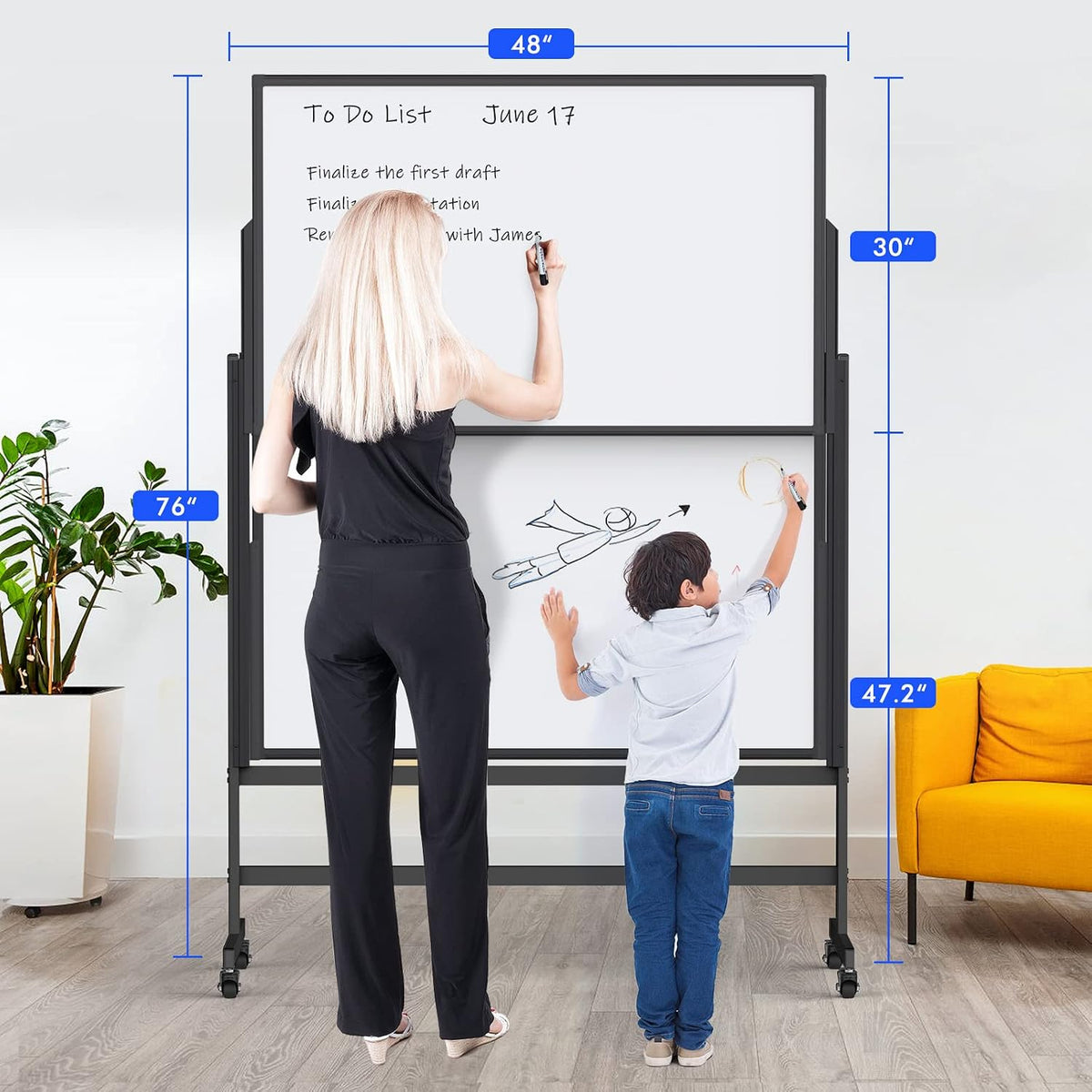 Maxtek Double-Sided Rolling White Board on Wheels 48x60, Height Adjustable
