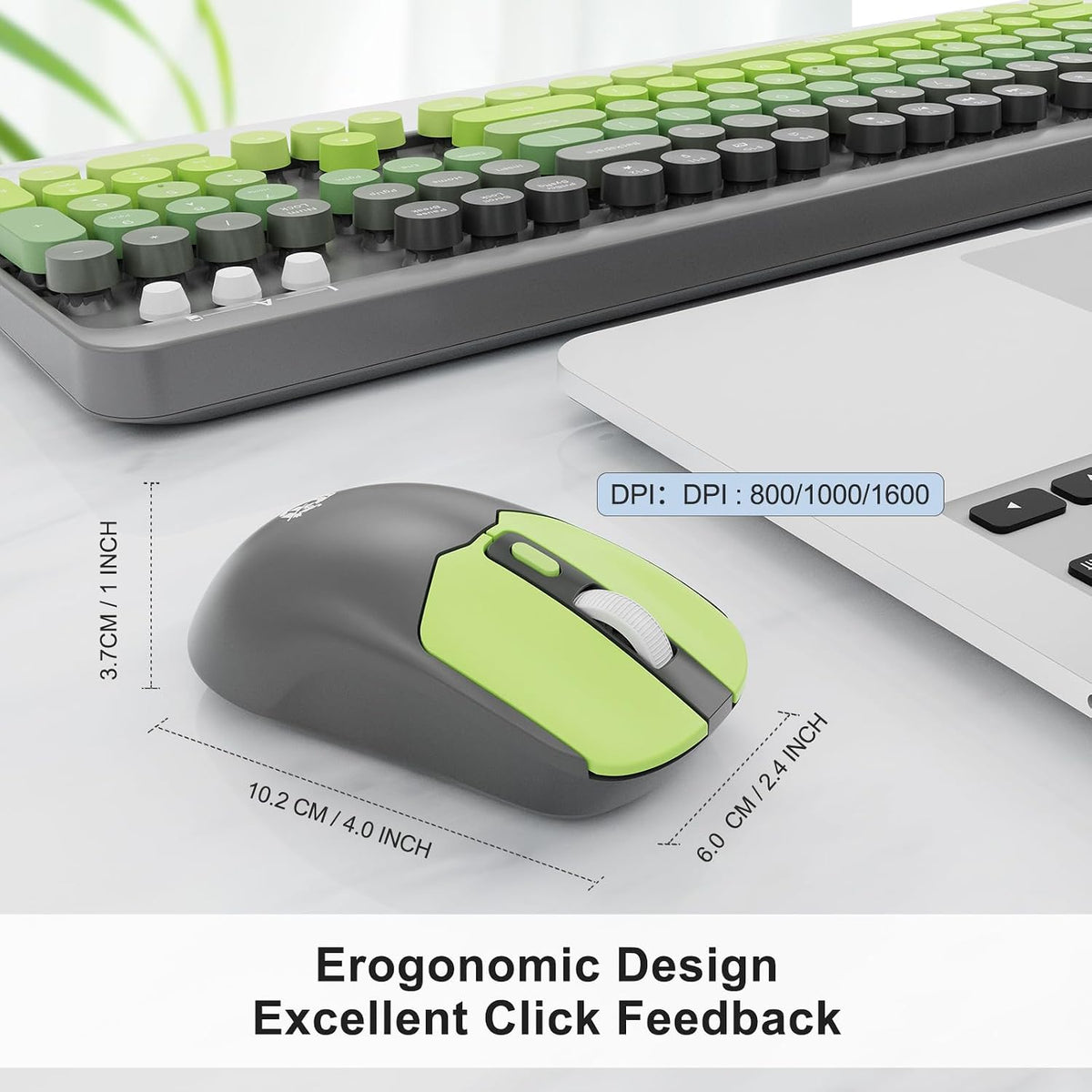 FOPETT Wireless Keyboard and Mouse Combo, 104 Keys Full-Sized 2.4 GHz Round Keycap Colorful Keyboards, USB Receiver Plug and Play, for Windows, Mac, PC, Laptop, Desktop (GreyGreen)
