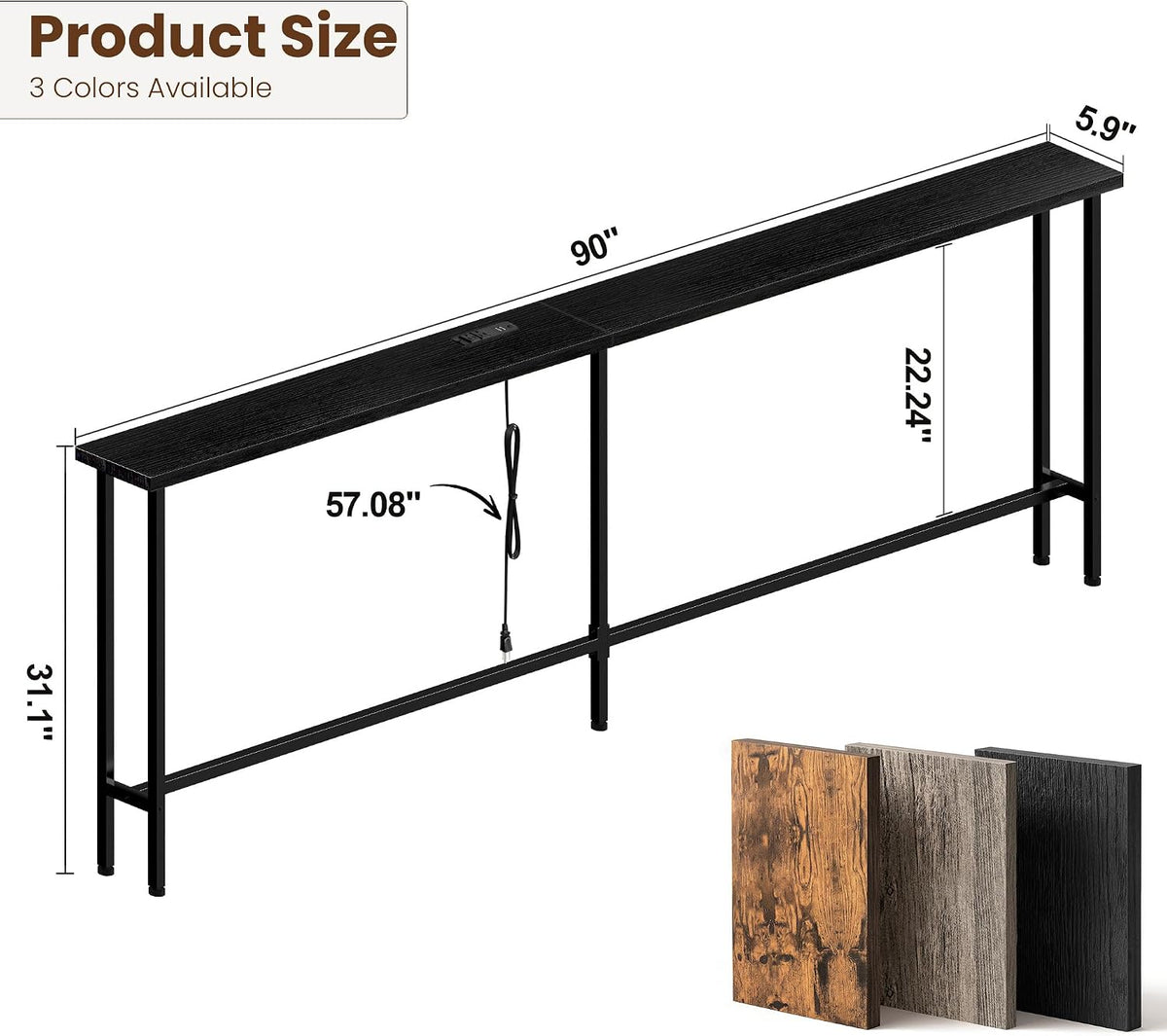 GRLEAF 90 Inch Narrow Sofa Table with Power Outlet, Extra Long Console Table Behind Couch Table with Charging Station, Skinny Entryway Table Thin Table for Living Room, Narrow Spaces (Black)