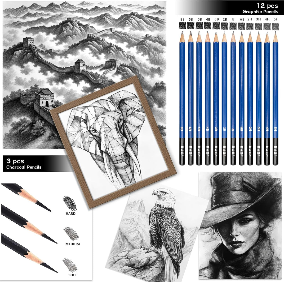 H & B 101PCS Sketching Kit Art Supplies for Adults with 3 Books & Zip Case