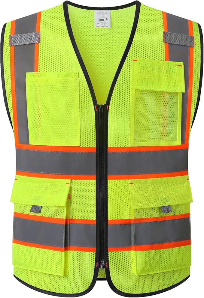 Reflective Safety Vest for Men Women with 9 Pockets and Zipper Front Class 2 High Visibility Mesh Work Vest Hi Vis Construction Vest,Meets ANSI/ISEA Standards(EK176-Yellow-2XL)