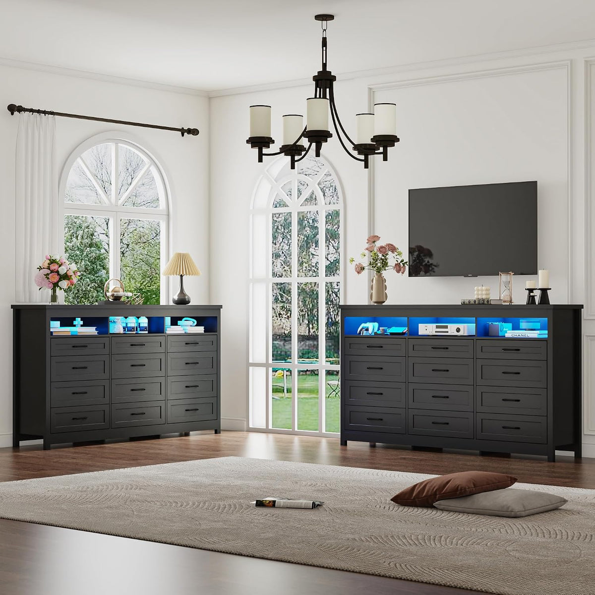 Hlivelood Farmhouse 12 Drawer Dresser with LED Lights, 71" Wide Large Chest of Drawers for Bedroom, Modern Wood Dresser Storage Organizer with Charging Station for Living Room, Bedroom, Hallway, Black