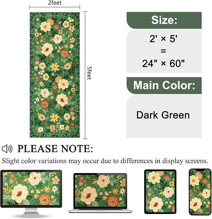 DUKINO 2x5 Runner Rug for Hallway, Washable Kitchen Floral Runner Rug