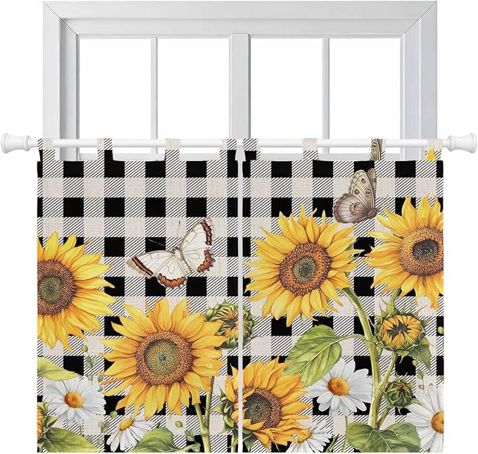 Sunflowers Kitchen Curtains 45 Inch Length, Short Cafe Window Curtains Tab Top